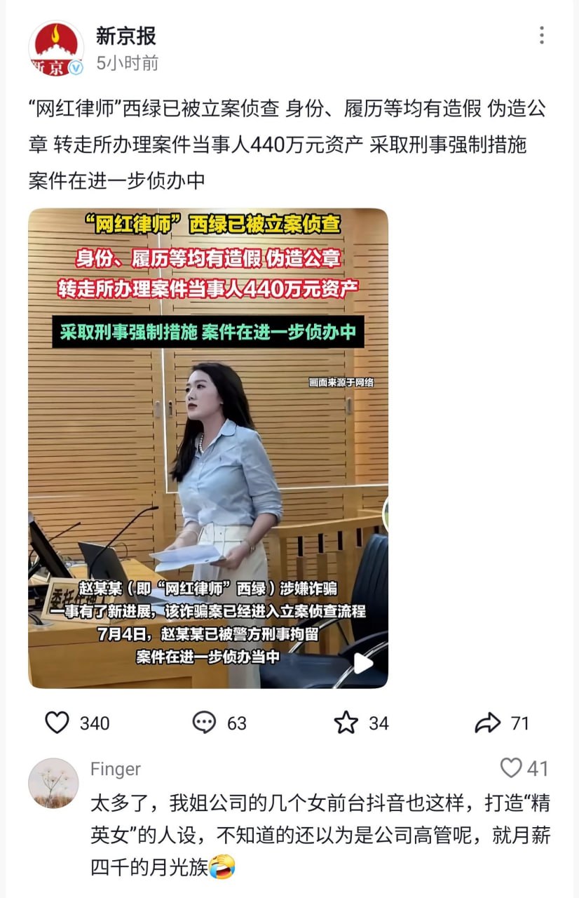 回顾一下去年冒充女律师，挪用女客户数百万，最后被抓的女网红，西绿