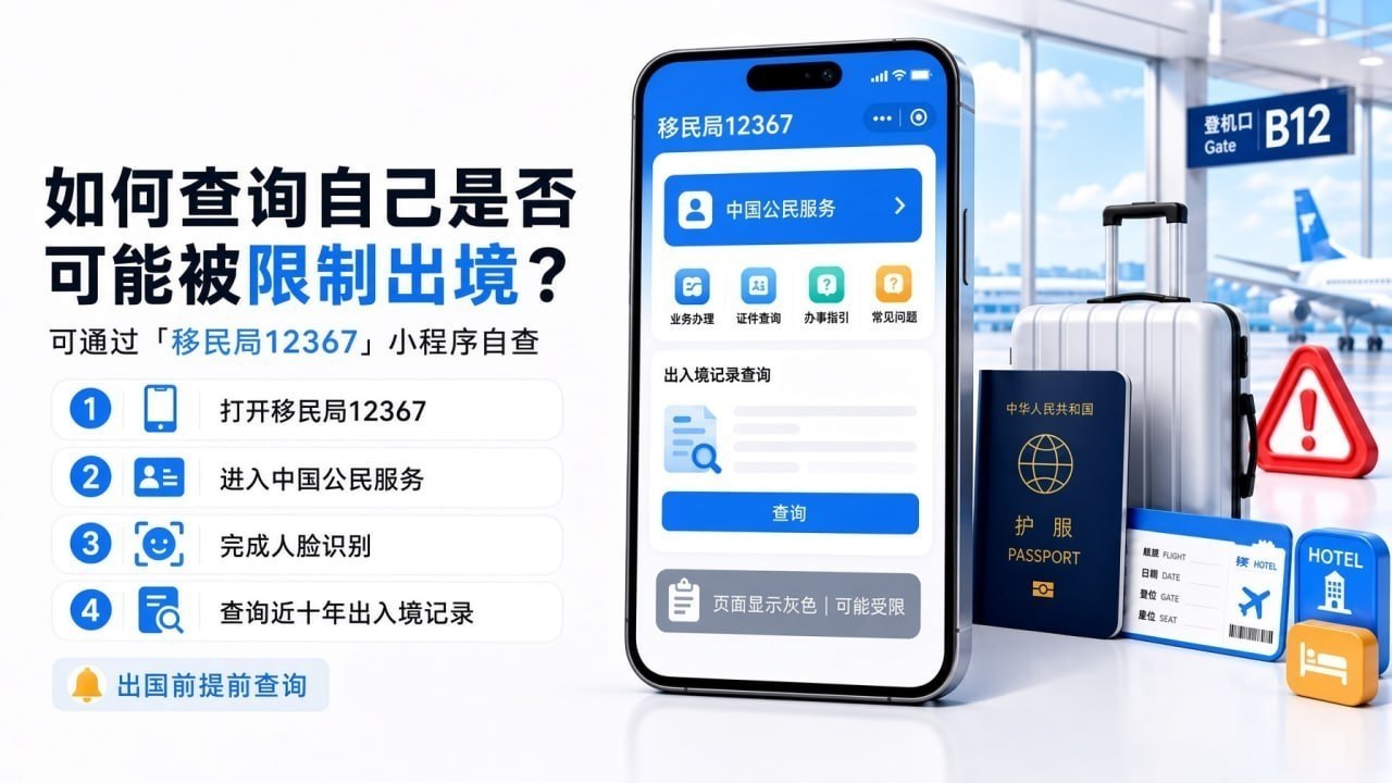 如何查询自己是否可能被限制出境？可通过“移民局12367”小程序自查