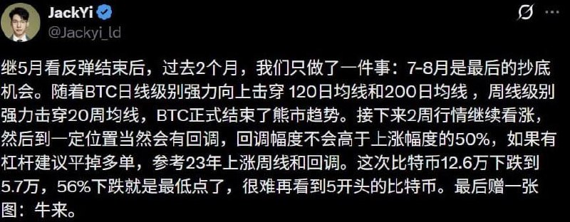 易理华：比特币已结束熊市趋势，未来两周继续看涨