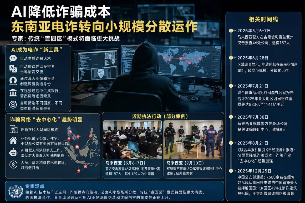 AI降低诈骗成本 东南亚电诈转向小规模分散运作