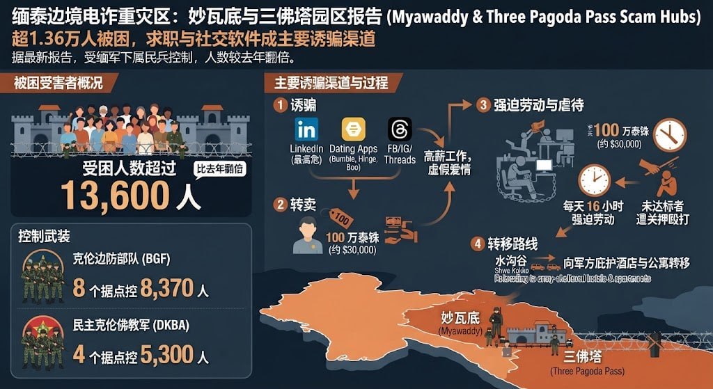 #缅甸资讯：妙瓦底及三佛塔电诈园区超1.36万人被困，求职与社交软件成主要诱骗渠道