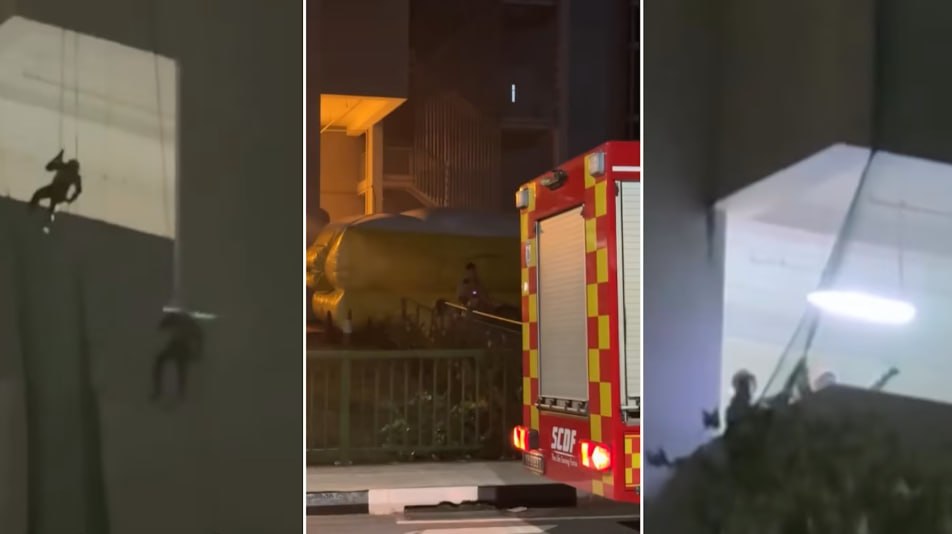 #新加坡 男子坐大楼边缘处境危险，警方谈判员配合民防拯救队，耗时两小时成功救下