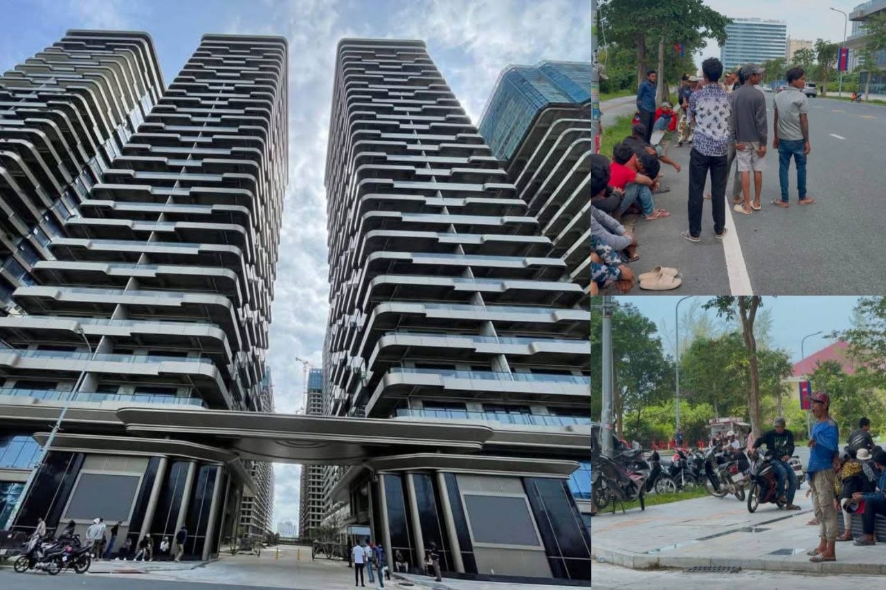 西哈努克市奥特列“唐人街”建筑工人聚集抗议，要求公司解决劳动权益及福利问题🎁